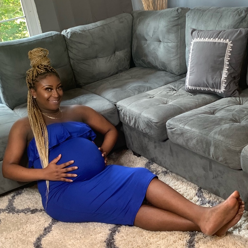Beautiful royal blue strapless maternity dress